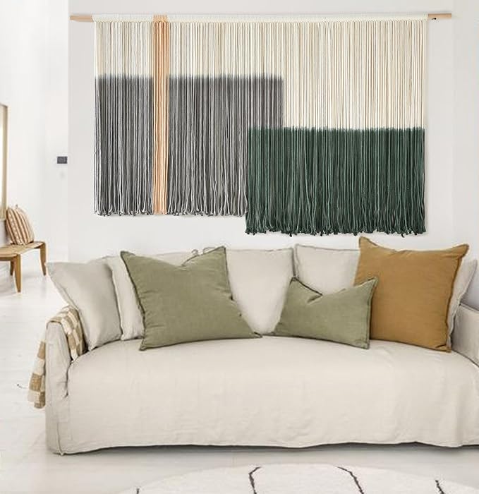 Macrame Wall Hanging Green Large Dip Dye Fiber Wall Art Bohemian Yarn Tapestry Wall Décor 57''W*35''L | Hand Dyed Yarn Wall hanging, Green Dip Dye Design, Boho farmhouse style, for Living Room Bedroom office entryway, home decor