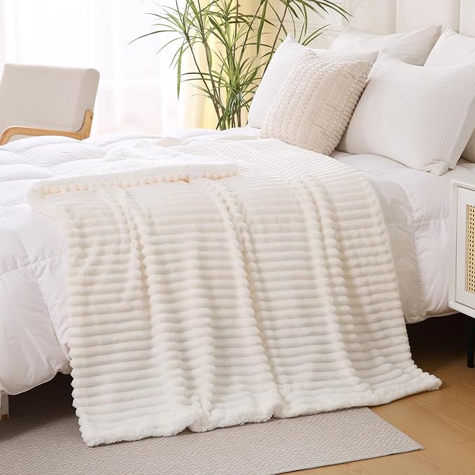 Cream White Sherpa Fleece Throw Blanket 50”×60” for Couch Sofa | Double Side Soft Fuzzy Cozy Plush Thick Flannel Blanket with Striped Design Gift for Adults,Woman
