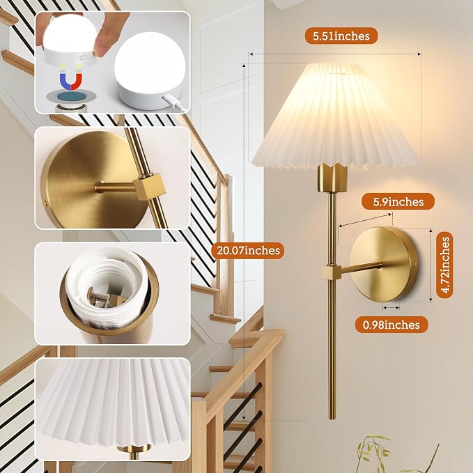 Gold Wireless Wall Sconce Sets of 2, Pleated Shades Rechargeable Battery Operated Wall Sconce, Retro Industrial Wall Lights Bathroom Vanity Sconces, Wall Mounted Lamps for Bedroom Living Room Hallway