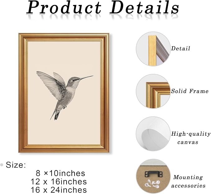 JLTULT Vintage Hummingbird Wall Art, Gold-Tone Framed Canvas, 8 x 10 In | Black-and-white hummingbird art on fade-resistant canvas with a ready-to-hang gold-tone PS frame for bedrooms and offices