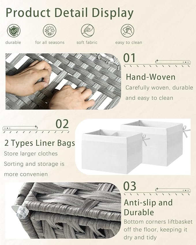 SETVSON Storage Basket with Lid, PE Rattan Woven Storage Bin, Gray | Dual Lid Blanket & Clothes Organizer, Divided Storage Bin, 2 Washable Liner Bags, Collapsible PE Rattan Trunk