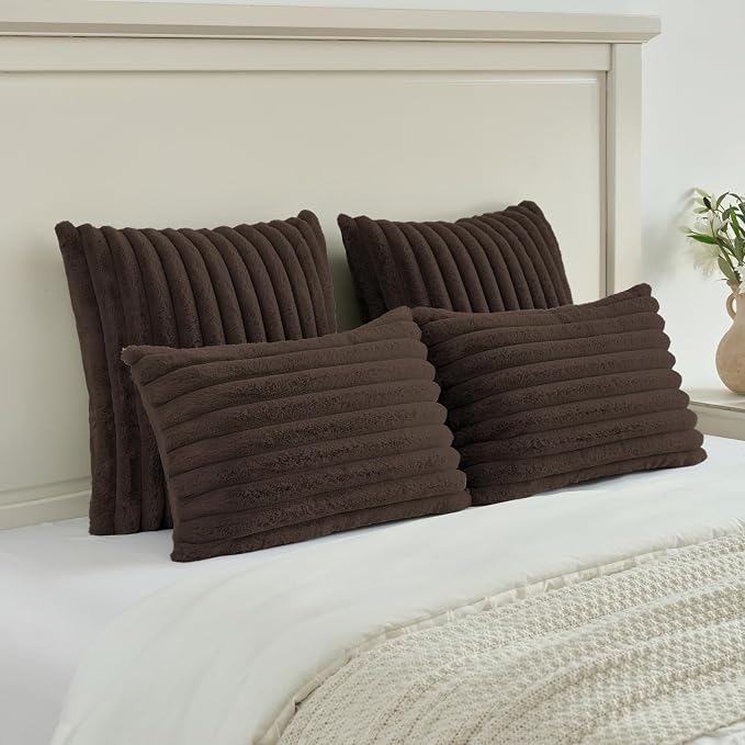 FUTEI Pack of 2 Faux Fur Throw Pillow Covers 20x20 Inch, Dark Coffee | Fluffy Faux Rabbit Fur Front/Premium Velvet Back,Hidden Zipper,Machine Washable,Non-Shedding,Colorfast,Insert Not Included.