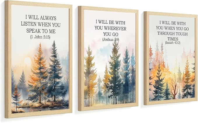 Forest Bible Verse Wall Art Painting Vintage Scripture Christian Landscape Wall Decor, Spiritual Jesus Nature Forest Quote Poster Canvas Prints, for Living Prayer Room Bedroom 16x24 inch Framed