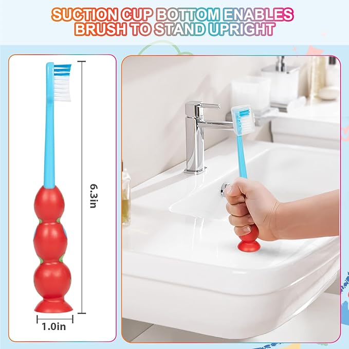 PRASBURR Toddler Toothbrush - Kids Toothbrush Soft Bristles with Suction Cup for Easy Storage, for Age 2-4 and Older, Pack of 4