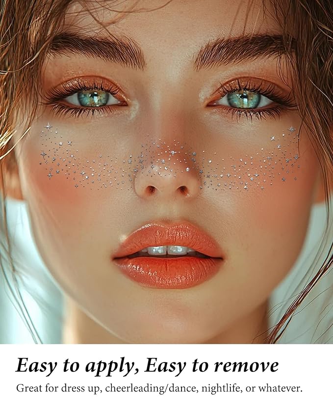 Face Glitter, Body and Face Glitter Makeup Patches for Women Girls, Waterproof Festival Rave Accessories fit Country Concert Outfits (Silver - 10 pcs)