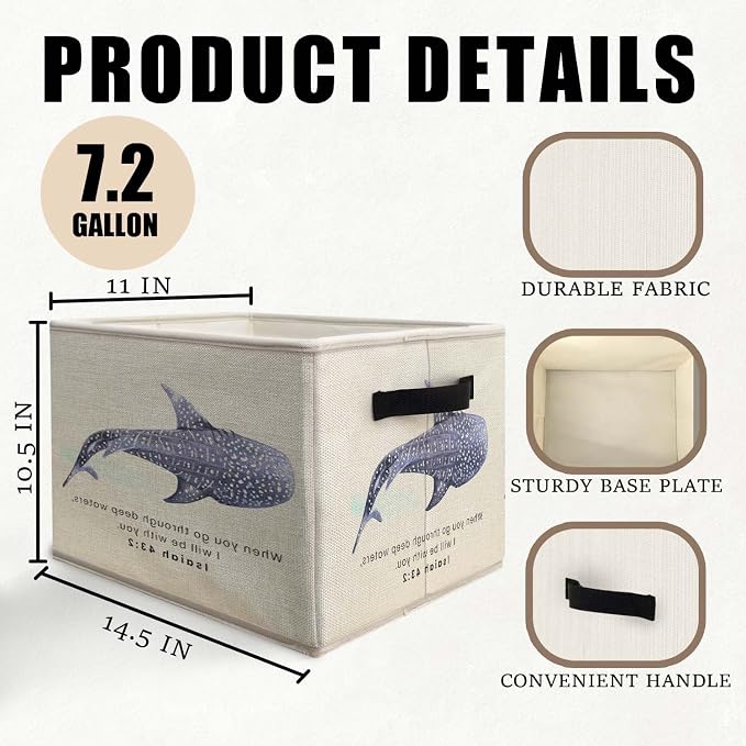 Ocean Whale Shark Christian Storage Bins Basket, Coastal Isaiah 43:2 Bible Verses Collapsible Fabric Storage Box Organizer Toybox for Bedroom Bathroom Clothes Books Toys