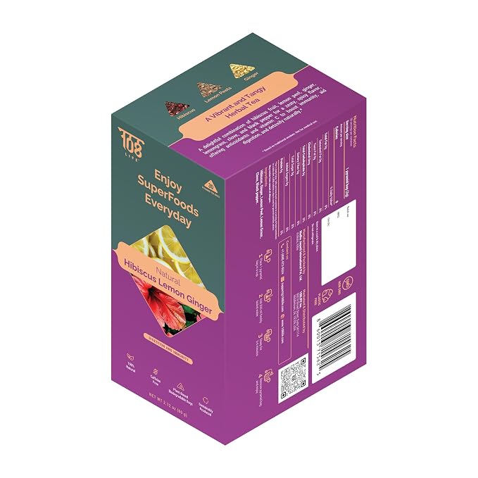 108 LIFE Natural Hibiscus Tea Bags | Lemon Ginger Tea | Herbal Tea | 100% Natural | Caffeine Free | Supports Digestion & Immunity | Biodegradable Pyramid Tea Bags | 30 Count