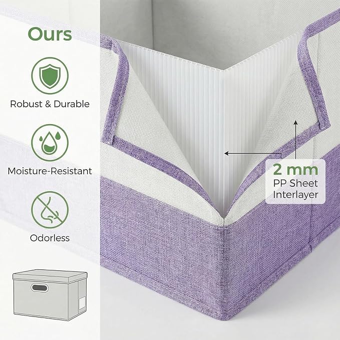 Storage Bins with Lids [3-Pack] Linen Fabric Foldable Storage Boxes Organizer Containers Baskets Cube with Cover for Bedroom Closet Office Purple&White（11.4X8.6X6.7