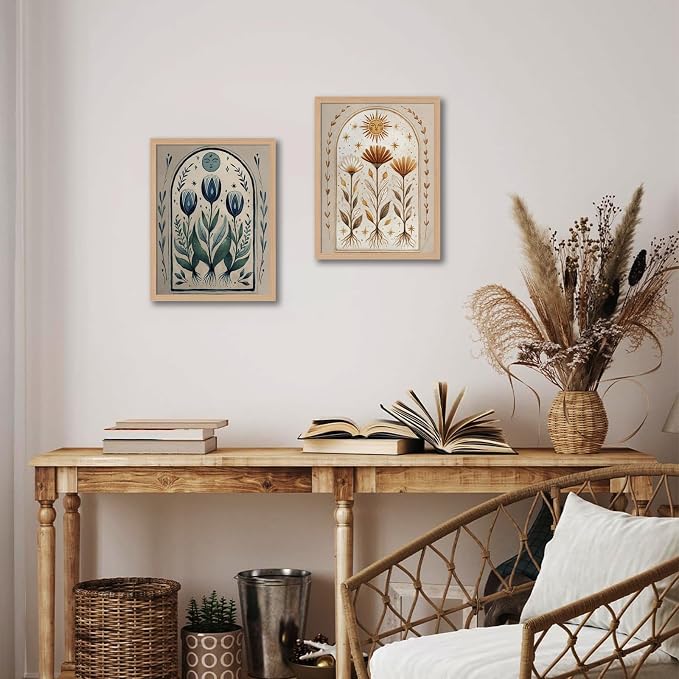 skysoon Boho Moon and Sun Wall Art Set of 2, Floral Botanical Prints | Earthy Tone Botanical Painting, Cottagecore Framed Picture Wall Decor for Living Room Bedroom Office 12x16 Inch
