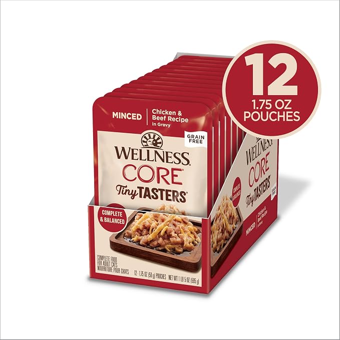 Wellness CORE Tiny Tasters Minced Adult Wet Cat Food, Natural, Protein Rich, Grain Free, Chicken and Beef Recipe, 1.75 oz, Pack of 12 Pouches
