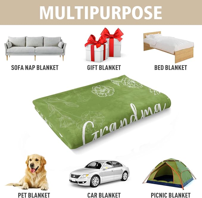 GiltGlimmer Grandma Gifts, Grandma Floral Blanket 50" x 60", Grass Green | Birthday Gifts for Grandma from Grandkids, to My Grandmother Soft Flannel Throw Blanket for Christmas Mothers Day
