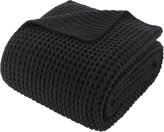 Waffle Knit Throw Blanket, Black Chenille Throw Blanket for Couch 50"x60" | Cozy Stylish Chunky Knitted Blanket, Ideal for Bed Sofa Men Home Decor,Modern Farmhouse Waffle Knit Texture