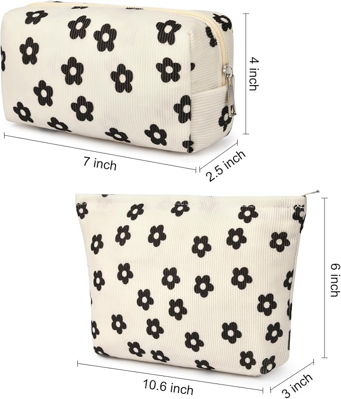 SOIDRAM 2 Pcs Makeup Bag Large Cosmetic Bag Toiletry Bag Makeup Pouch Travel Bag Organizer Cute Makeup Brushes Aesthetic Accessories Storage Bag for Women Black Floral Corduroy