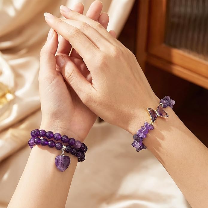 Healing Crystal Beaded Bracelet for Women Amethyst Gemstone Anxiety Stress Relief Charm Bracelet Butterfly Heart Charm Healing Stone Jewelry Gifts for Birthday Mothers Day Valentine