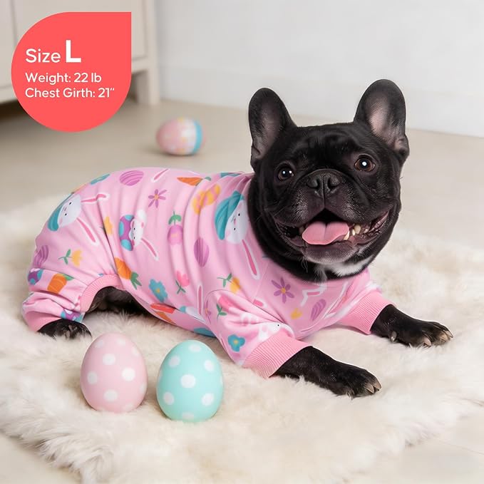 KYEESE Easter Dog Pajamas, Soft Dog Pajamas for Medium Large Dogs Girl, Stretchy Dogs Pjs Velvet Pet Jumpsuit with Eggs & Bunny Pattern, Comfy Lightweight Pet Outfit, Pink, 2XL