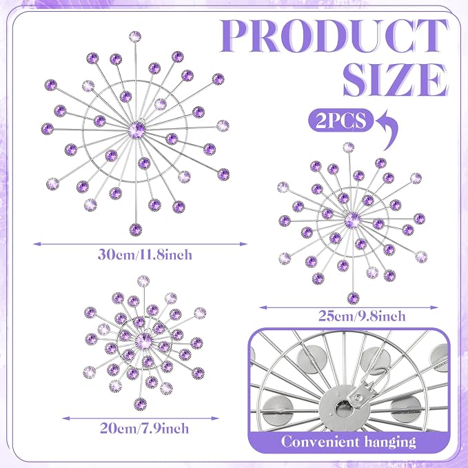 Blulu 4 Pcs Metal Wall Decor Bling Crystal Wall Art Cast Iron Rhinestones Sunburst Decor Starburst Art Hanging Diamond Accents Decorative for Living Room Bedroom Entryway (Purple)