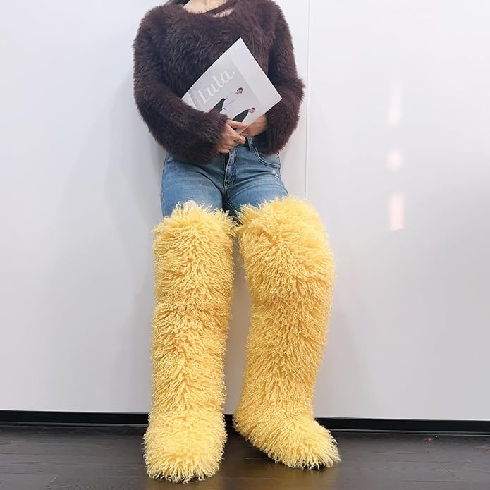 SWEETHEART BEAUTY Thigh High Shagy Teddy Fur Boots, 29 Inch Over the Knee Length Fluffy High Boots, Tall Furry Shoes For Women