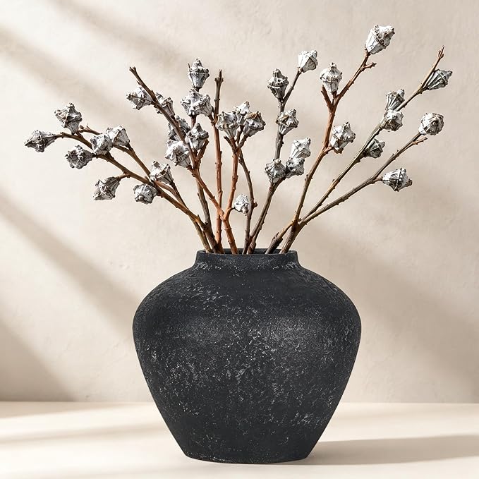 Ceramic Flower Vase Rustic Farmhouse Home Decor | 6.3 Inch Black Round Decorative Vase, Ideal Table Decor for Living Room, Wedding, Birthday Holiday