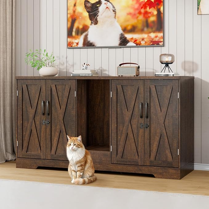 59.1" Cat Litter Box Enclosure for 2 Cats, Hidden Litter Box Furniture with Dog-Proof Lockable Door and Built-in Power Outlet, Litter Collector, Vent Openings, Anti-Tip Kit and Magnetic Door, Brown