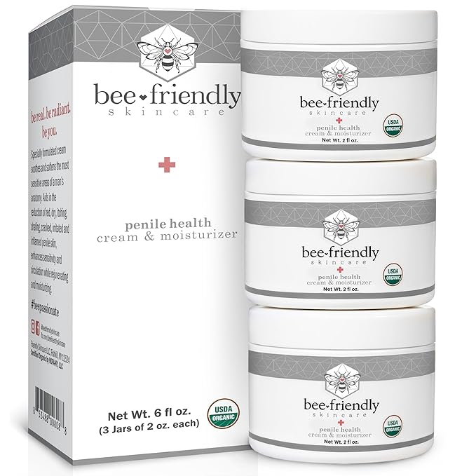 BeeFriendly Organic Penile Health Creme, USDA Certified Cream, Natural Moisturizer Aids With Dry, Chafed, Itchy, Irritated & Sensitive Male Skin, 6 oz - (3 Jars in a box)