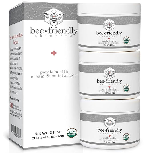 BeeFriendly Organic Penile Health Creme, USDA Certified Cream, Natural Moisturizer Aids With Dry, Chafed, Itchy, Irritated & Sensitive Male Skin, 6 oz - (3 Jars in a box)