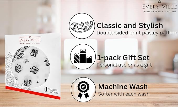 Gift Packaging Bandana for Men Women - 100% Cotton, Paisley, 22x22 In, 1 Pack - Large Bandanna Handkerchief Cowboy Hanky