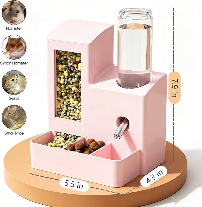 YSHOME&PET 2 in 1 Hamster Water Bottle No Drip Automatic Food Feeder | Small Animal Water Dispenser and Food Bowl with Snack Bowl Cage Accessories for Hamster Gerbils Mouse Hedgehog