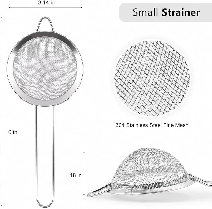 D Fine Mesh Strainer, Stainless Steel Sieve Sifter with Handle, Small Metal Strainer for Loose Tea, Juice, Drink, Herbs, Mini Sifter for Flour, Matcha, Kitchen, Baking, 3-Inch (10x3, Silver)