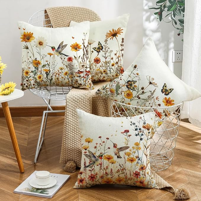wyooxoo Spring Pillow Covers 16x16 Set of 4 Farmhouse Summer Throw Pillow Covers Floral Decorative Cushion Cases for Sofa Couch Outdoor Bedroom