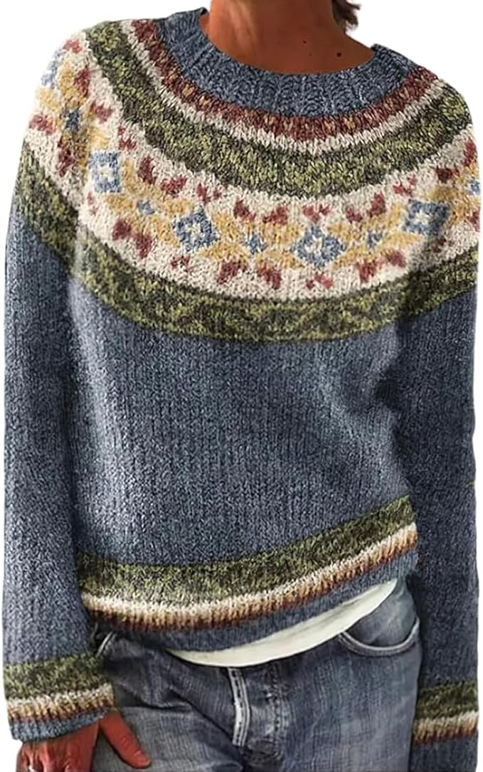 Zhyaj Fair Isle Sweater for Womens Winter Long Sleeve Vintage Knitted Sweater Casual Fall Crew Neck Pullover Sweaters