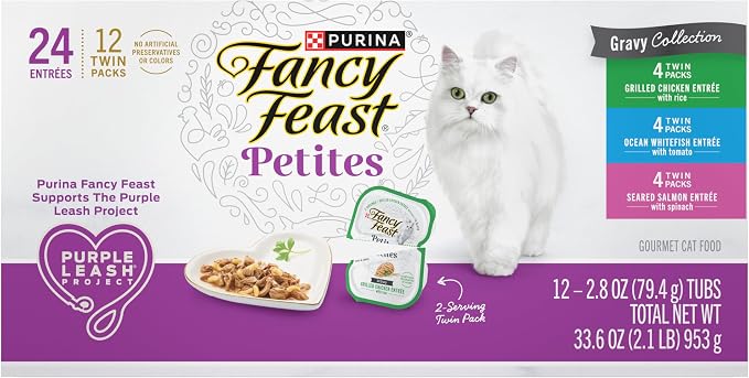 Fancy Feast Purina Gourmet Wet Cat Food Variety Pack,Petites Gravy Collection,Break-Apart tubs,48 Servings - 2.8 oz. Tubs,(Pack of 24)