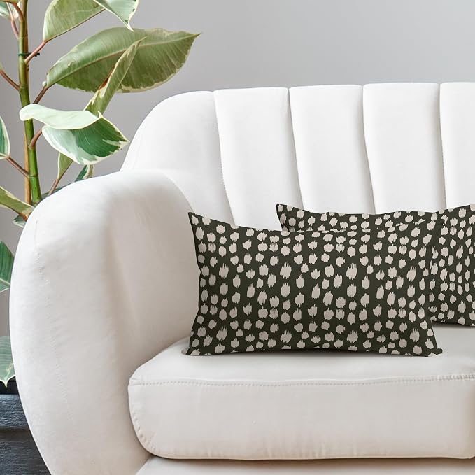 Olive Green Cream Dots Lumbar Pillow Covers 12x20 Set of 2 Boho Design Polka Dot Print Throw Pillows Modern Outdoor Decorative Pillowcase Rectangle Linen Cushion Cases Decor for Sofa Couch Bed