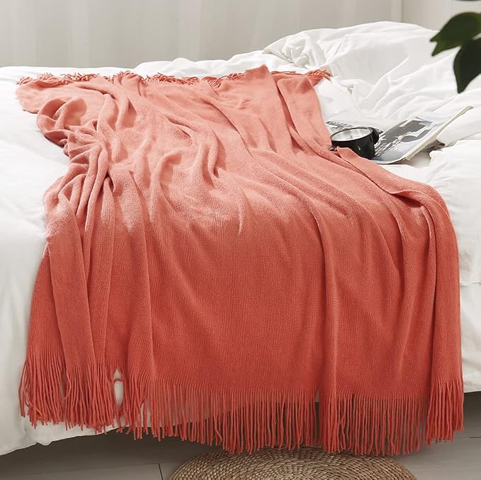 Homiest Orange Knitted Throw Blanket with Fringe, 50x60 Inch | Pure Acrylic, Lightweight & Breathable, All-Season Use, Machine Washable, Wrinkle & Fade Resistant, for Couch Sofa And Bed