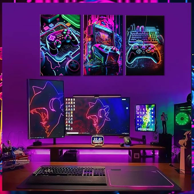 BGFCE Game Room Decor Posters Set of 3 - Neon Gaming Accessories Theme Canvas Wall Art, Gamer Console Paintings Picture Wall Decor for Children Youth Boys Bedroom 16x24 inch Unframed