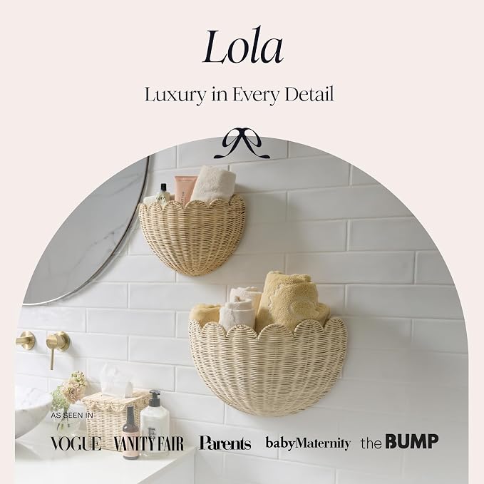 BEBE BASK The Original Scalloped Wicker Wall Basket – Set of 2 (16x10x7 In) | Handwoven Scalloped Wall Baskets, Rattan Wall Hanging Baskets, Wall Storage Basket for Nursery, Living Room Natural
