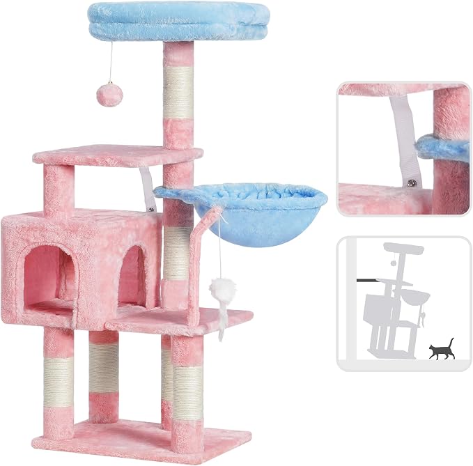 Heybly Cat Tree with Toy, 43.3 inch Cat Tower condo for Indoor Cats, Cat House with Padded Plush Perch, Cozy Hammock and Sisal Scratching Posts, Blue and Pink HCT004SBP