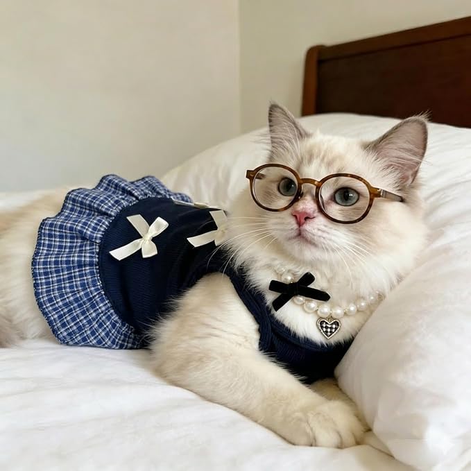 Dog Dresses, Plaid Pet Dress with Glasses and Pearl Necklace, Cute Pet Clothes Outfit Breathable Puppy Skirt Costume for Small Dog Cat Girls, Parties & Photos Favorite (Navy Blue, M)