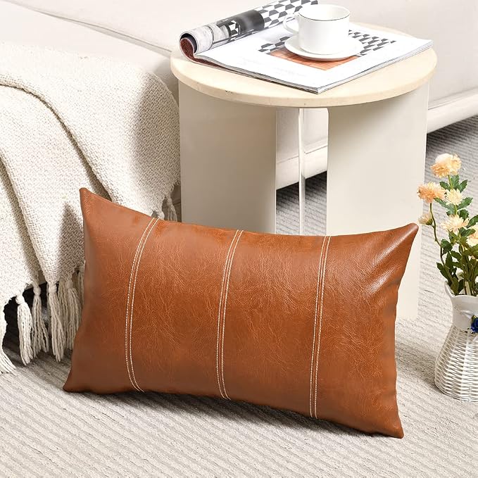 Fancy Homi Brown Boho Lumbar Faux Leather Decorative Throw Pillow Covers 16x24 Inch for Living Room Couch Bed Sofa, Hand Stitched Rectangle Cushion Case 40x60 cm, Rustic Modern Farmhouse Home Decor