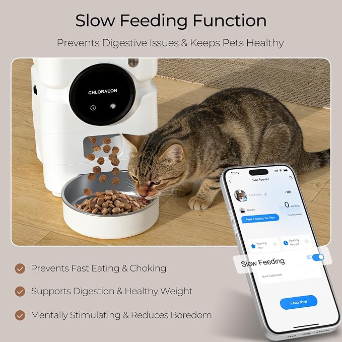Automatic Cat Feeder for 3 Cats, 6L 5G WiFi Feeder, Slow Feed, Warm White | 3-bowl system with app scheduling, 15-day battery backup, stainless steel bowls, and sealed freshness protection.