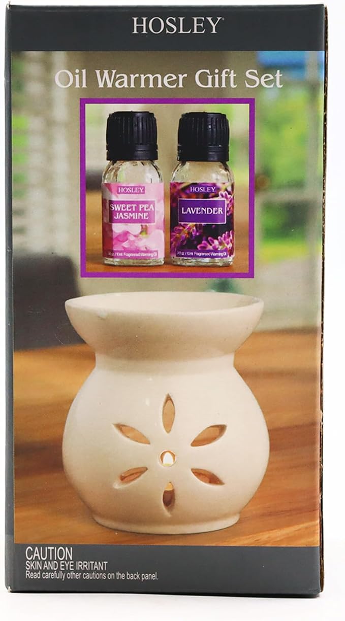 Hosley White Ceramic Oil Warmer with 2 10ml Warming Oil Gift Set, Use with Tealights Ideal for Spa and Aromatherapy Use Brand Essential Oils and Fragrance Oils