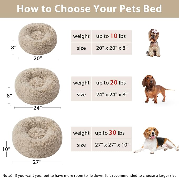 WNPETHOME Small Round Calming Dog Bed Cat Bed for Comfy Sleep | Dog Bed For Small Dog, Cute Washable Puppy Bed with Fluffy Plush, Faux Fur Anxiety Pet Bed Donut Cuddler (24x24x8in, Brown)