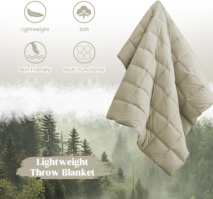 puredown® Soft Feather Down Throw Blanket Lightweight Packable Couch Throw for Indoor and Outdoor Use, Throw 50"X70", Beige