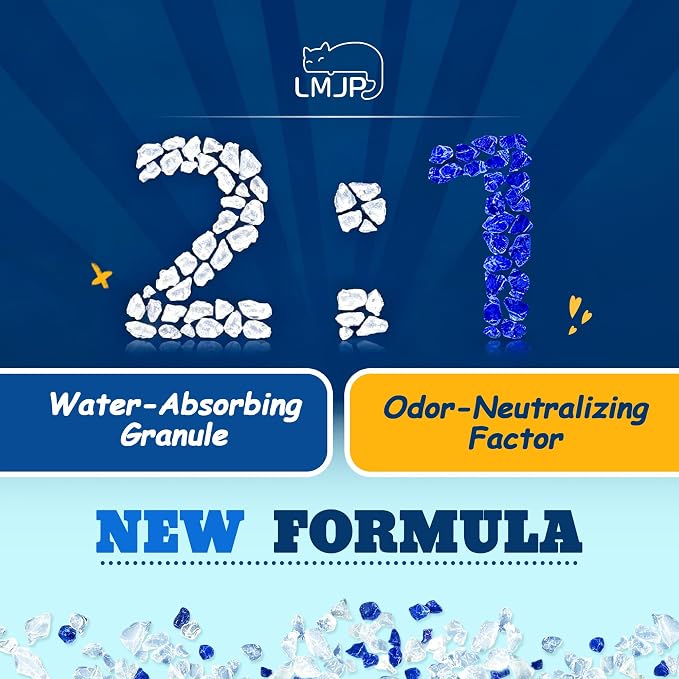 LMJP Crystal Cat Litter for Long-Lasting Odor Control, Non-Clumping, 24lb | 6 Months Supply, Unscented, Rapid Water Absorption, Low Tracking, Low Dust, Lightweight, Blue & White Silica, 3 Pack of 8lb