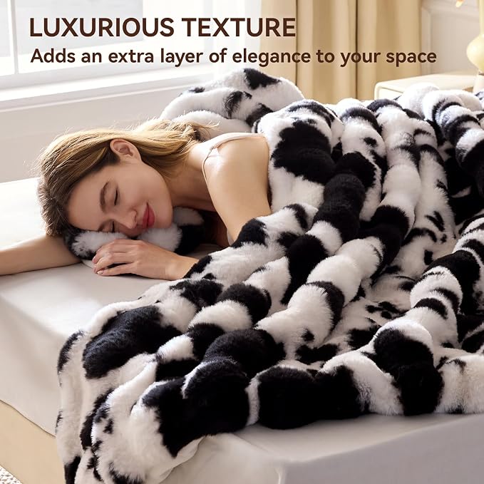 Anysay Faux Fur Throw Blanket, 1000GSM Fluffy Soft Bubble Blanket 50''*60'' | Cozy Plush Warm and Thick Blanket for Couch Bed, Fuzzy Rabbit Throw for Living Room Bedroom Cow Blcak