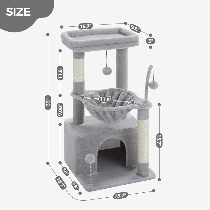 PEQULTI 4-in-1 Cat Activity Tree for Kittens & Small Cats, 33in Grey Tower | Compact 33in cat tower: deep hammock, cozy condo, top perch, sisal post; removable washable cover; wide base for small cats