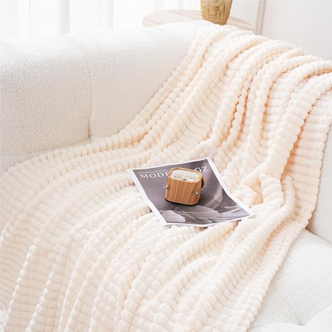Puncuntex Fleece Throw Blanket Cream White 50"×70" with Square Grid Design | Super Soft Plush Cozy Flannel Throw Blanket Luxury for Couch Sofa Chair