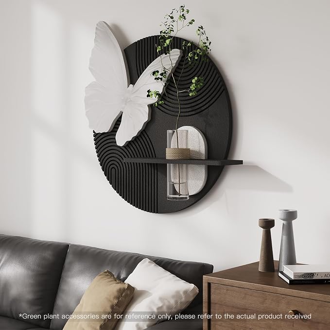 3D Black and White Modern Minimalist Butterfly Wall Art Decor, 24x24 Inch | With vase, Textured, Round, Geometric, Artwork for walls, Sandstone texture, Wall art for living room, Dining room, Hallway