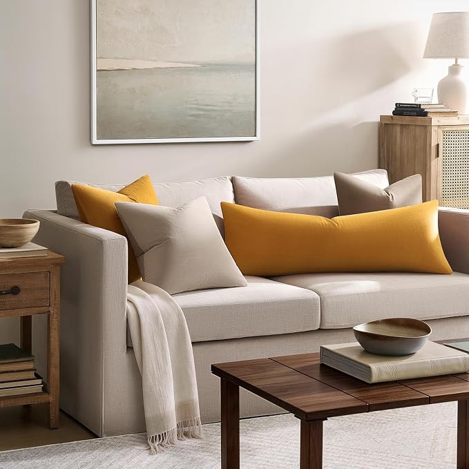 Throw Pillow Covers Lumbar 14x36 Inch Velvet Pillow Covers, Soft Decorative Mustard Yellow Pack of 1 Long Pillow Case for Couch Cushion Chair Sofa Bed Living Room