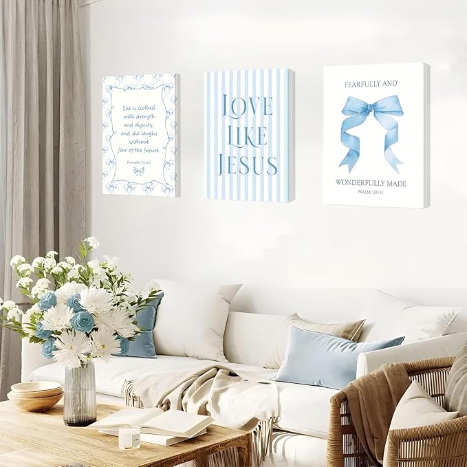 Blue Coquette Room Decor of Bow Pictures Bible Verses Wall Art Decor Set of 3 Preppy Posters Bedroom and Light Bule Bow Dorm Decor Room Decor For Teen Girls 16x24 Inch Framed