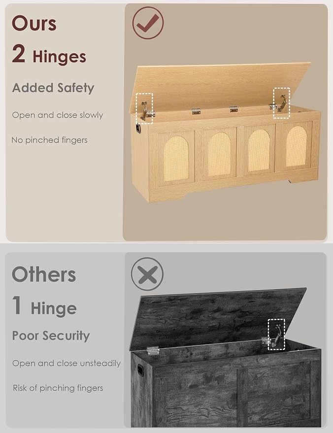 Storage Chest, Wooden Toy Box, Natural Oak 47.2" L | Entryway Shoe Bench, 2 Safety Hinges, Finger-safe Flip-Top, Easy Assembly, Farmhouse Large Trunk, Rattan, Living Room/Bedroom